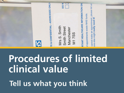 An image showing an NHS letter stuck in a letterbox. There is also some text which reads, procedures of limited clinical value, tell us what you think.