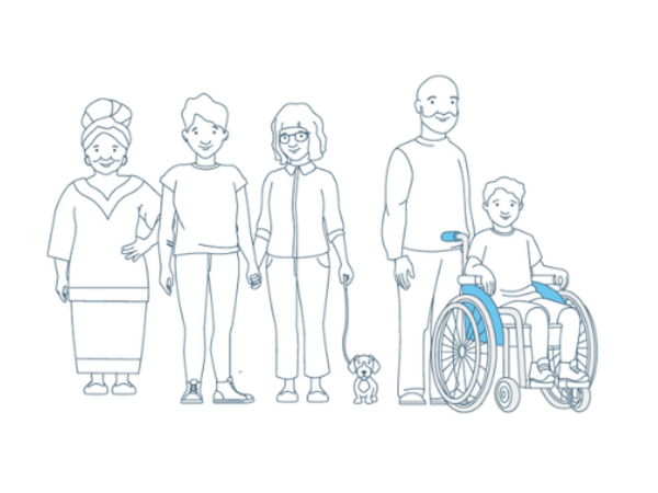 Image is a stylised drawing showing a woman with an african headwrap, a young man, a young woman with a dog, an older man with a beard and a boy in a wheelchair