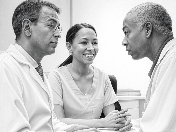 image shows a doctor, a translator and a patient in a clinical setting.