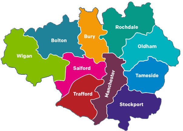 A map of the 10 localities of Greater Manchester: Bolton, Bury, Manchester, Oldham, Rochdale, Salford, Stockport, Tameside, Trafford, Wigan.